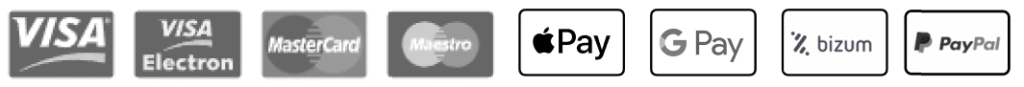Iconos de métodos de pago como Visa, Mastercard, Maestro, Apple Pay, Google Pay, Bizum y PayPal.